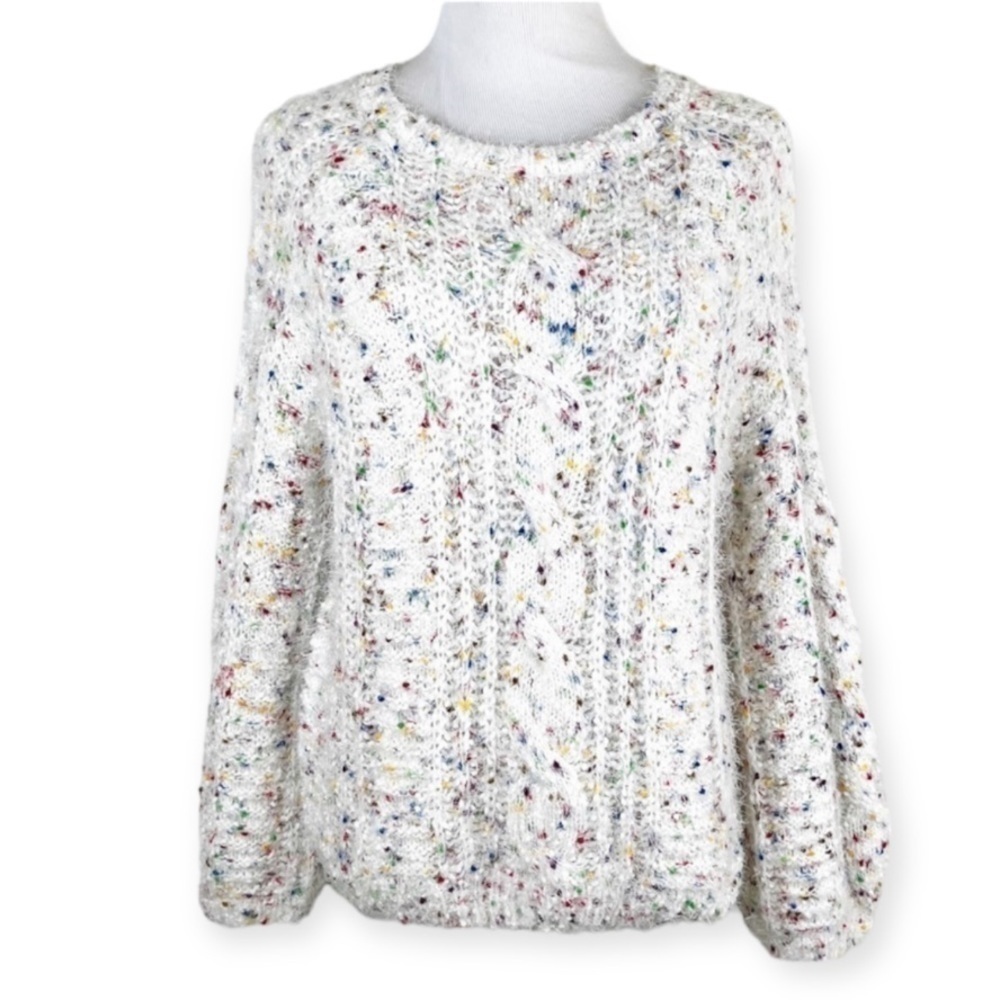 alya Color Flecked Eyelash Knit Sweater Crew Neck White Small